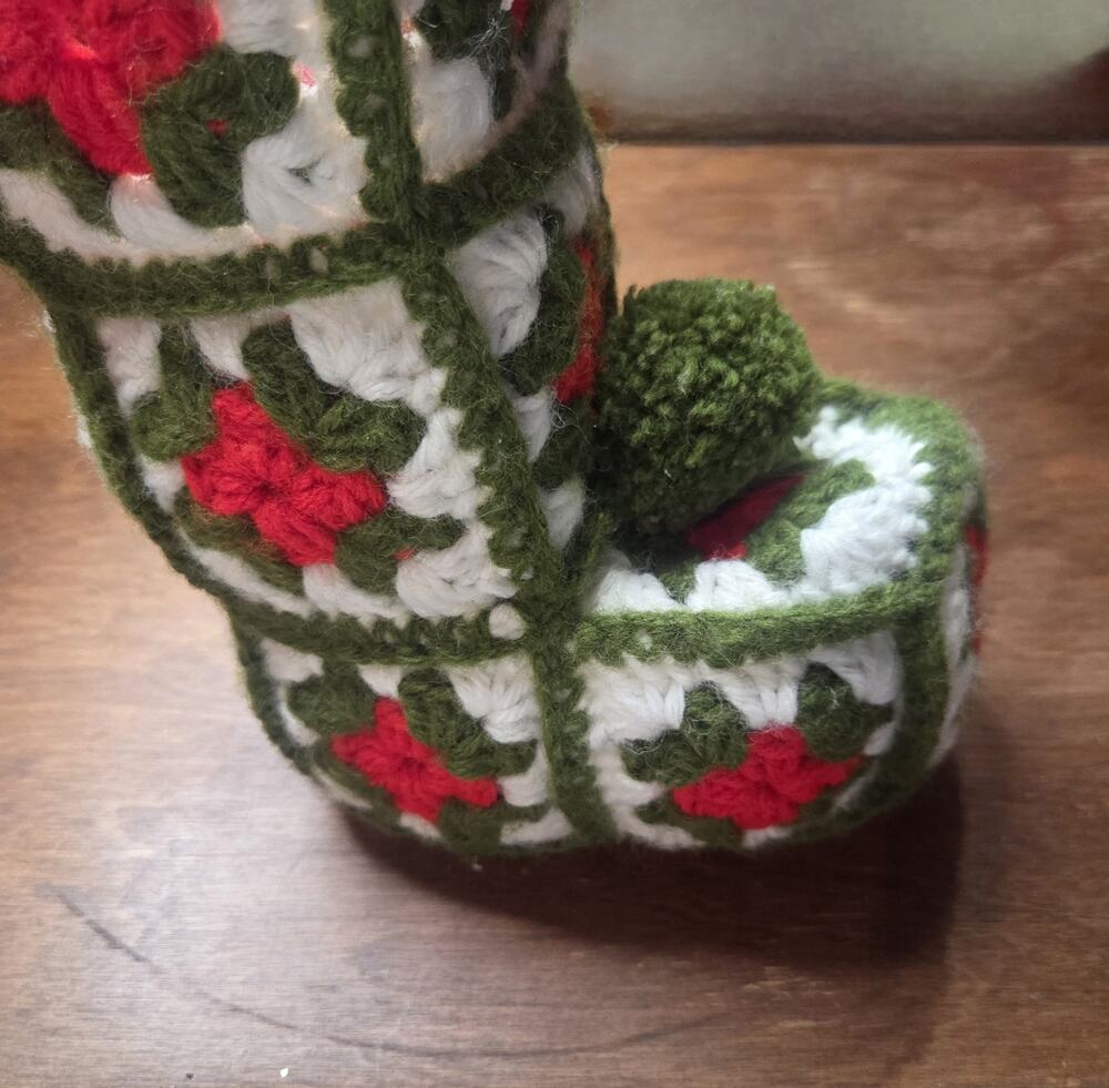 Vtg Hand Crocheted Granny Square Christmas Santa Bootie Stocking Red Green White